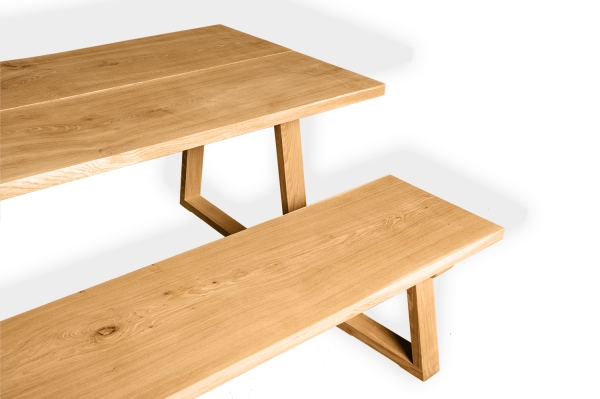 Set: Solid Hardwood Oak rustic Kitchen Table with bench and trapece table and bench legs 40mm laquered